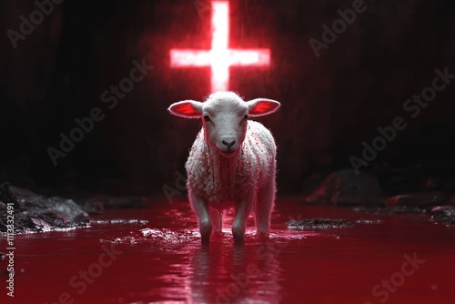 Lamb Standing in Blood Pool Illuminated by Cross Chiaroscuro Dramatic Lighting photo