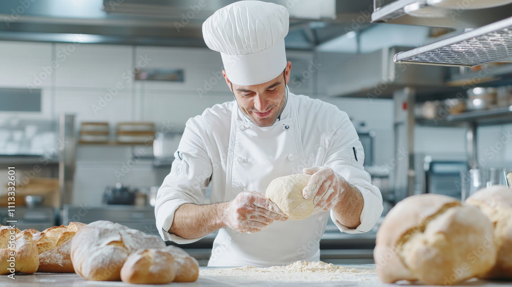 Kneading dough for fresh bread, professional chef in kitchen