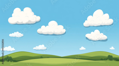 tranquil scenic landscape featuring rolling hills and fluffy clouds