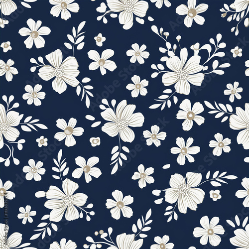 white seamless floral vector small flowers with cream leaves pattern on navy background