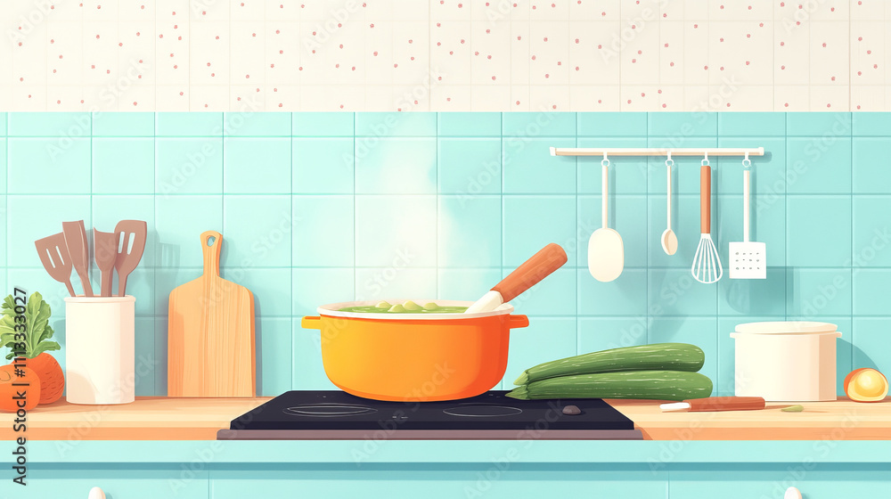 vibrant kitchen scene with pot of soup simmering on stove, surrounded by fresh vegetables vibrant kitchen scene with pot of soup simmering on stove, surrounded by fresh vegetables