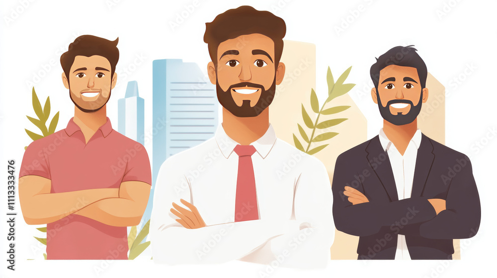 Three smiling men of Middle Eastern descent stand confidently in front of a cityscape. One is casually dressed, while the others are in business attire. Three smiling men of Middle Eastern descent stand confidently in front of a cityscape. One is casually dressed, while the others are in business attire.