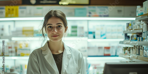 A young female nurse in a white coat stands behind the counter of a pharmacy, generative AI