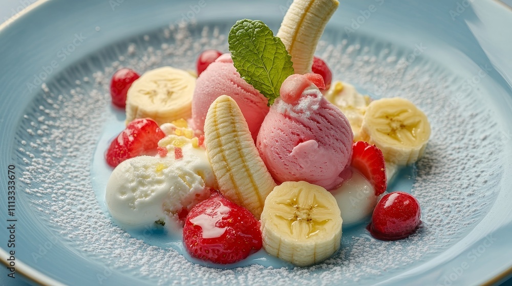 premium banana split creation, multicolored ice cream selection, fresh red strawberry slices, cloud-like cream swirls, verdant mint accents, pale blue plateware, restaurant presentation, commercial premium banana split creation, multicolored ice cream selection, fresh red strawberry slices, cloud-like cream swirls, verdant mint accents, pale blue plateware, restaurant presentation, commercial