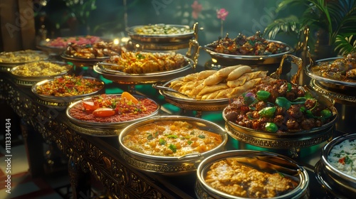 North indian food buffet at wedding. indian food. Ultra realistic. Photorealistic hypermaximalist advertising photography hyper realistic fine detail