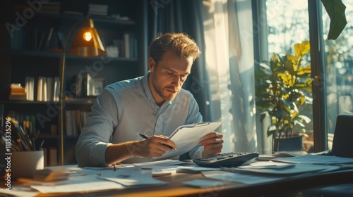 A man analyzes documents at a desk, surrounded by plants and warm sunlight streaming in.