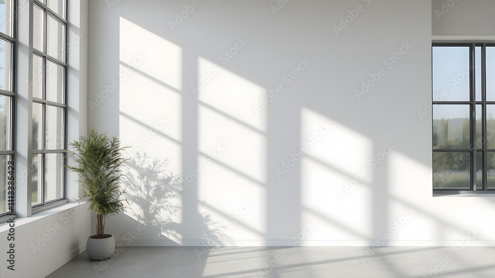 Fototapeta premium A blank modern wall with large windows nearby, casting natural light and shadows, ultra-detailed 8K clarity