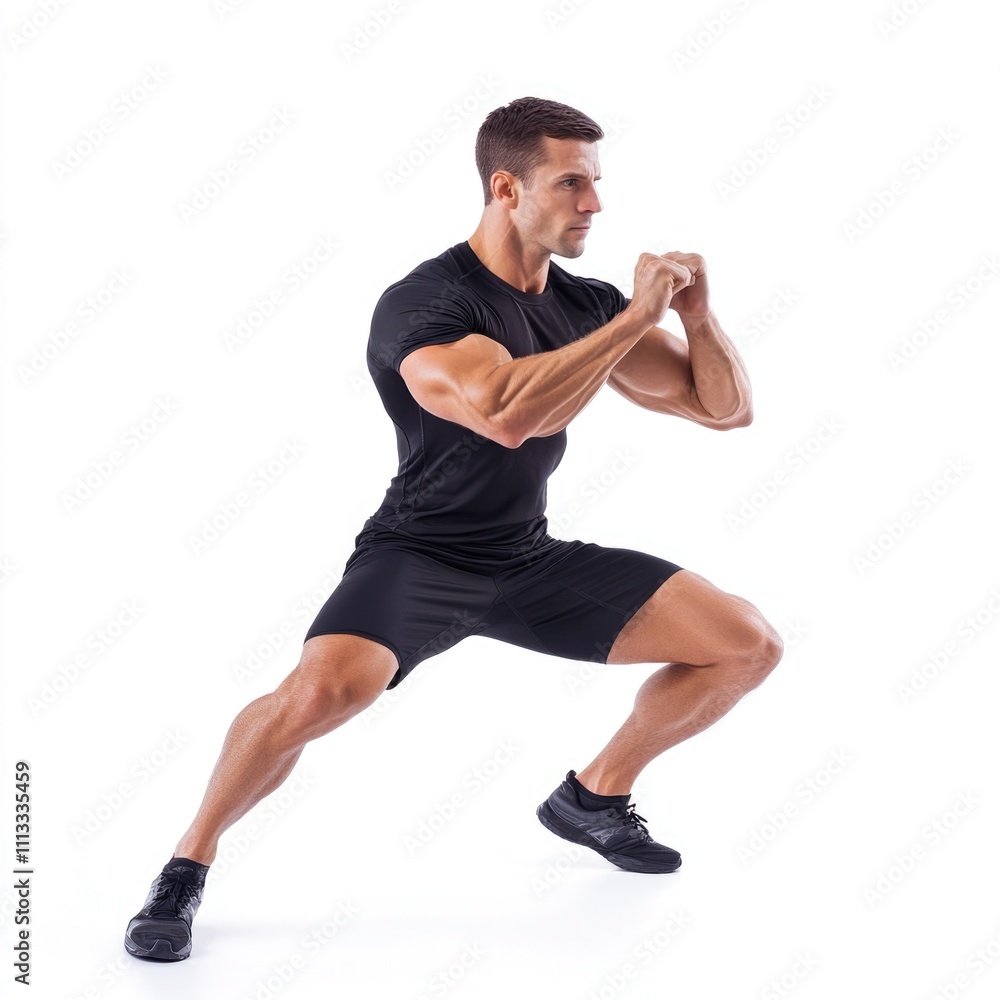 Athletic man performing a squat exercise in a fitness studio. Athletic man performing a squat exercise in a fitness studio.
