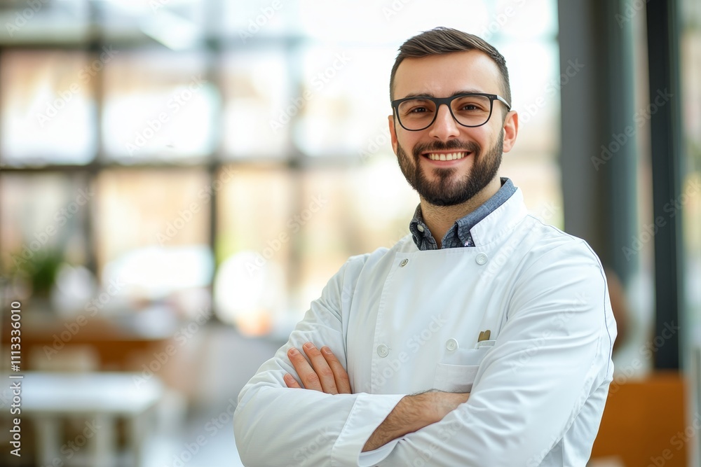 Confident food factory manager in sterile uniform smiling with arms crossed for portrait Confident food factory manager in sterile uniform smiling with arms crossed for portrait