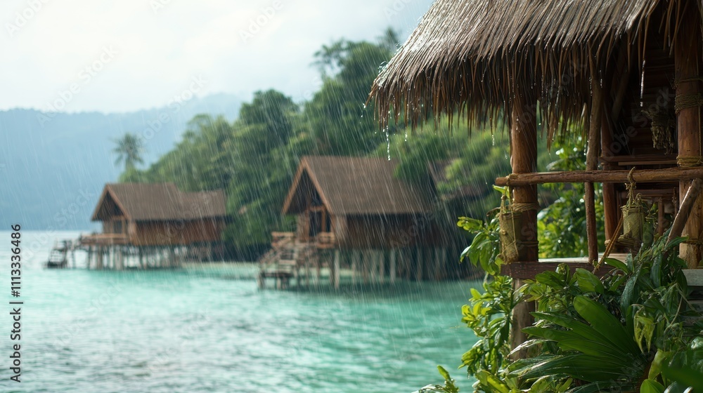 Tranquil tropical scene featuring wooden stilt houses by clear turquoise waters, surrounded by lush greenery and mountains under a cloudy sky. Tranquil tropical scene featuring wooden stilt houses by clear turquoise waters, surrounded by lush greenery and mountains under a cloudy sky.
