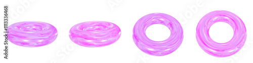 Set of 4 3d iridescent torus isolated on a transparent background. Pink tone. 3d elements for graphic design.