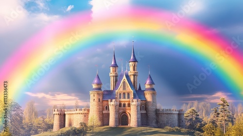 A whimsical castle surrounded by vibrant colors and a stunning rainbow, evoking a sense of magic and fairy tales.
