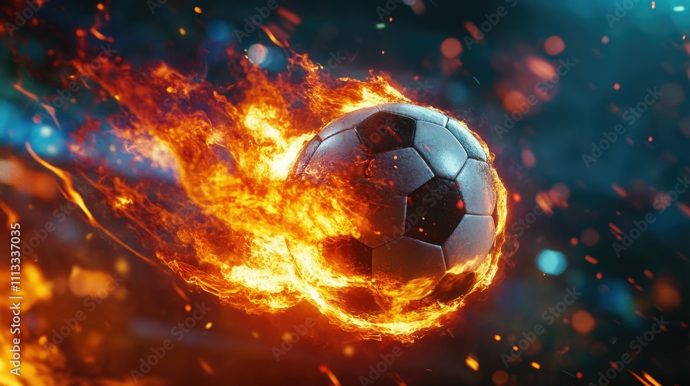 Fototapeta premium A soccer ball surrounded by roaring flames flies through the air, capturing the intensity of the game and a dynamic sense of motion.