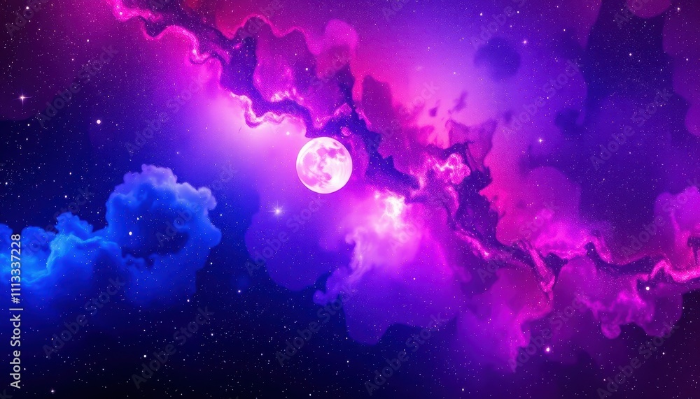 Fototapeta premium Full Moon Shining Brightly Through a Purple Nebula