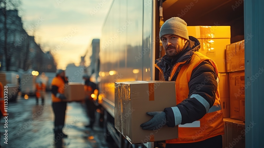 Workers unloading boxes from a truck during sunset in an urban setting. Workers unloading boxes from a truck during sunset in an urban setting.