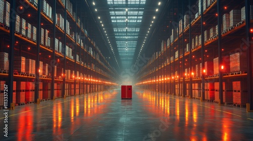 Stunning Interior of a Vast Warehouse with Rows of Shelves and Soft Lighting, Highlighting the Depth and Space of Industrial Design and Storage Solutions