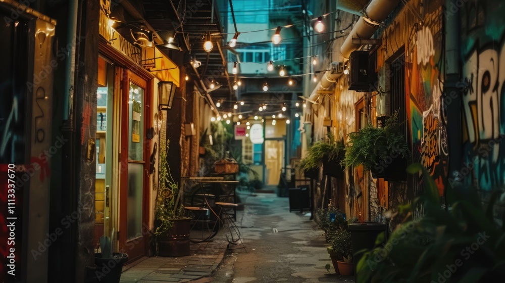 Obraz premium A vibrant alleyway adorned with string lights and graffiti, creating a lively atmosphere.