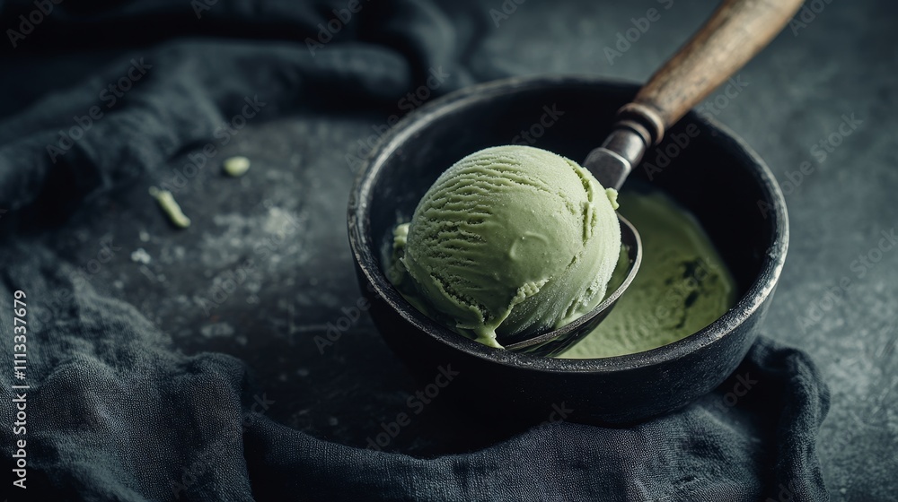 Fototapeta premium fresh avocado gelato macro shot, traditional ice cream scoop, smooth rippled surface, dark ceramic pan, rustic wooden handle, charcoal fabric background, homemade dessert styling