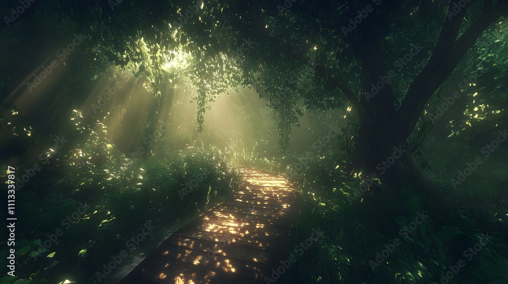 Sunbeams illuminate a mystical forest path shrouded in fog and lush greenery. Sunbeams illuminate a mystical forest path shrouded in fog and lush greenery.