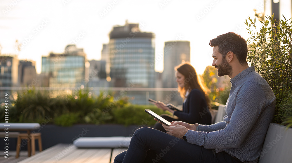 A rooftop office garden where employees relax in ergonomic seating, chatting or reading. The greenery and open sky create a serene escape from daily tasks. One person uses a mindfulness app on their A rooftop office garden where employees relax in ergonomic seating, chatting or reading. The greenery and open sky create a serene escape from daily tasks. One person uses a mindfulness app on their
