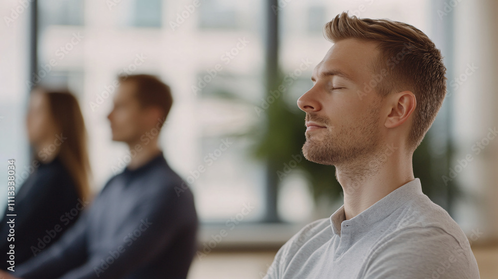 An open-plan workspace with employees practicing mindfulness exercises led by a wellness coach. Individuals are seated comfortably, eyes closed in meditation, as soft natural light filters through An open-plan workspace with employees practicing mindfulness exercises led by a wellness coach. Individuals are seated comfortably, eyes closed in meditation, as soft natural light filters through