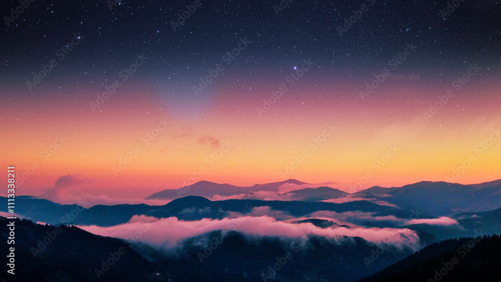 Mountain with pink sunset background for desktop home screen, shadow of a mountain range stretches across a landscape, HD space wallpaper 3d illustration Mountain with pink sunset background for desktop home screen, shadow of a mountain range stretches across a landscape, HD space wallpaper 3d illustration