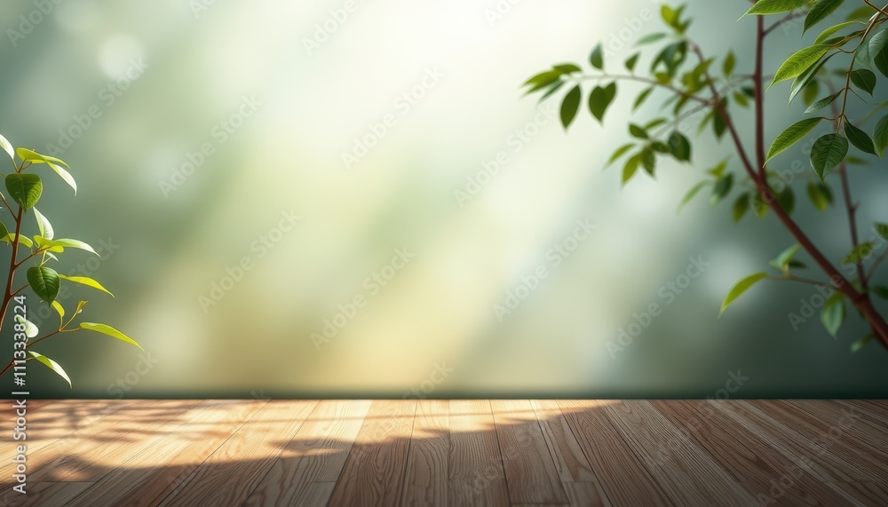 Wooden Tabletop with Green Plants and Soft Background Wooden Tabletop with Green Plants and Soft Background