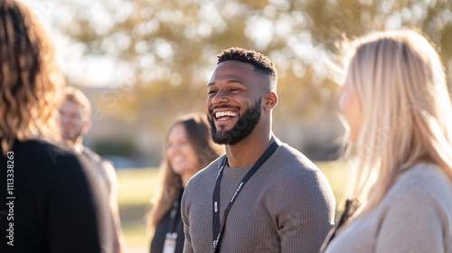 A diverse group of employees participating in a team-building activity outdoors, engaging in trust-building exercises. Smiles and laughter showcase the connection between mental health and employee