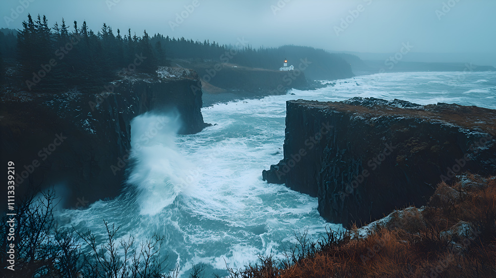 Dramatic Ocean Landscape with Rugged Cliffs and Crashing Waves Under Stormy Weather Dramatic Ocean Landscape with Rugged Cliffs and Crashing Waves Under Stormy Weather