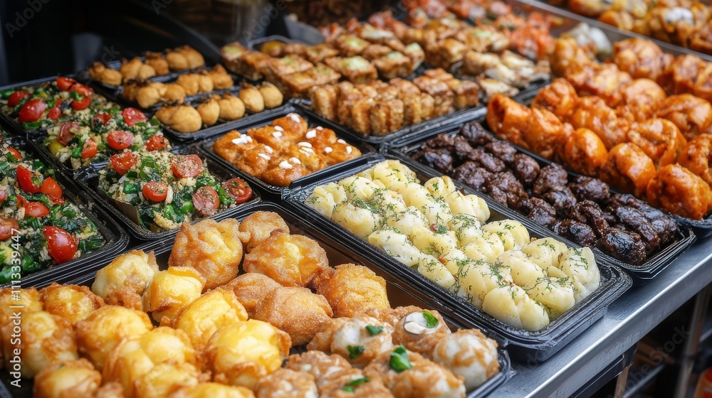 Street food stall serving rich and flavorful dishes, illustrating high fat content in traditional snacks Street food stall serving rich and flavorful dishes, illustrating high fat content in traditional snacks