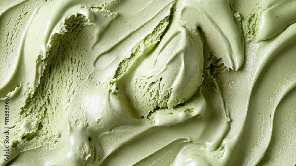 Obraz premium closeup of fresh matcha green tea ice cream texture, soft creamy surface, organic swirls pattern, artisanal gelato, fine granular detail, food photography, frosty cold dessert, mint sage color palette