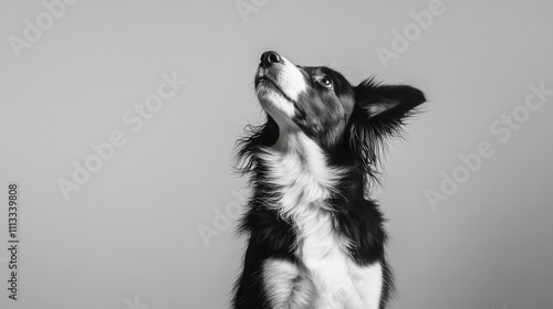 A young, fluffy black and white Border Collie sitting calmly, gazing upward with anticipation, isolated on a pure white backdrop.