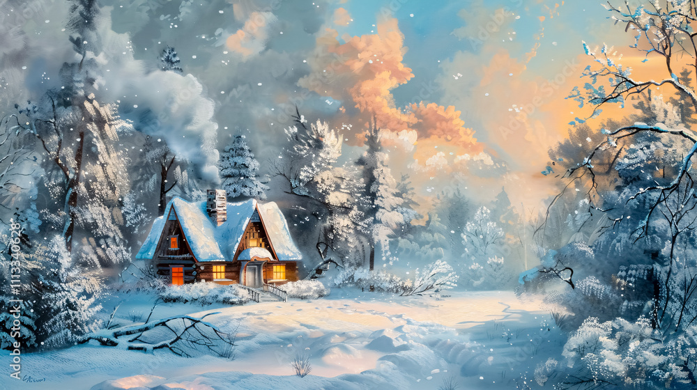Winter Cabin: Charming cabin in a snowy landscape with a warm glow from the windows, surrounded by snow-covered trees. Winter Cabin: Charming cabin in a snowy landscape with a warm glow from the windows, surrounded by snow-covered trees.