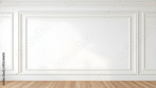 Fototapeta Naklejka Na Ścianę i Meble -  A blank wall mockup with decorative molding on the edges, classic interior style, clean lines, sharp 8K resolution