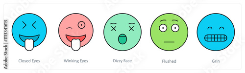 A set of face emoticon icons as closed eyes, winking eyes, dizzy eyes