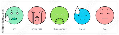 A set of face emoticon icons as cry, crying face, disappointed