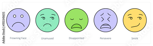 A set of face emoticon icons as frowning face, unamused, dissapointed