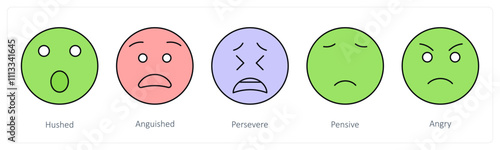 A set of face emoticon icons as hushed, anguished, persevere