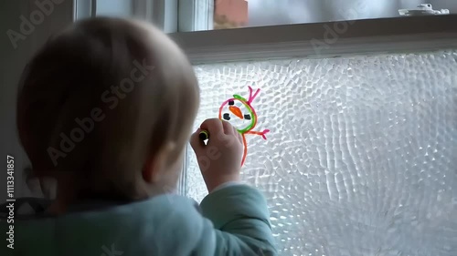 A child drawing a snowman on frosted glass, framed in the upper and center areas of the video