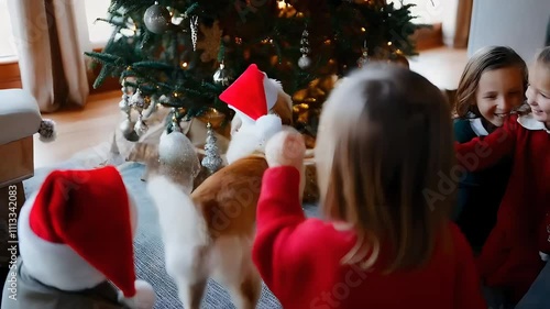 A dog in a Santa hat wagging its tail by the tree as children laugh and pet it