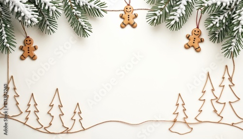 Minimalist Christmas scene with gingerbread ornaments and wire trees.