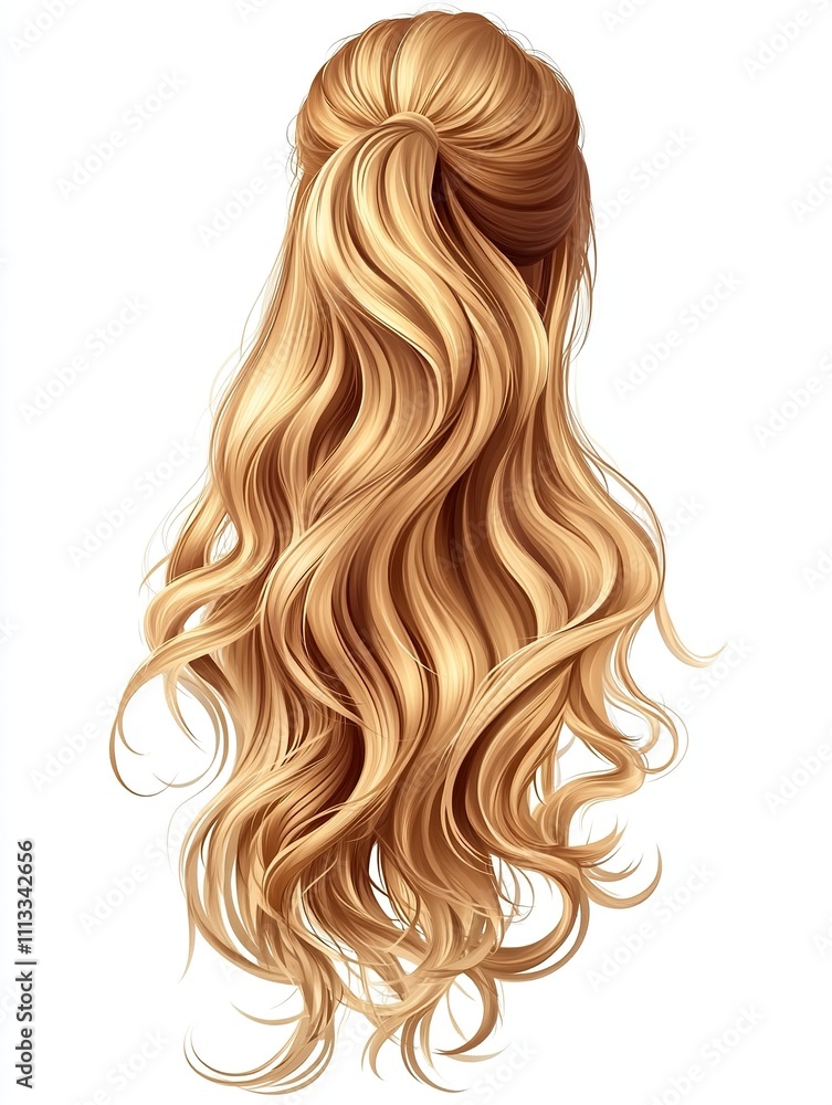 Blonde curly shiny women's hair. Straight and curly ponytail hairstyles. Haircuts, hair care, beauty salons and dark blonde hair coloring.