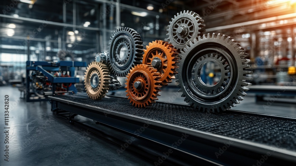Fototapeta premium Animated industrial value chain concept with gears on a conveyor belt in a factory setting showing interconnected processes