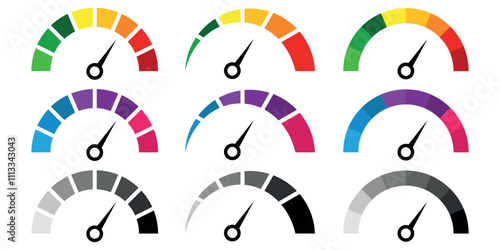 Illustration of colorful speedometer ratings with arrows.
