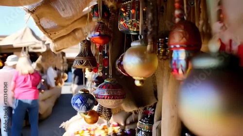Close-up of handmade ornaments being displayed on a market stall