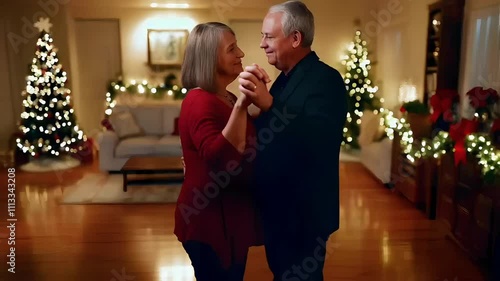 Parents dancing slowly in the living room while a Christmas playlist plays