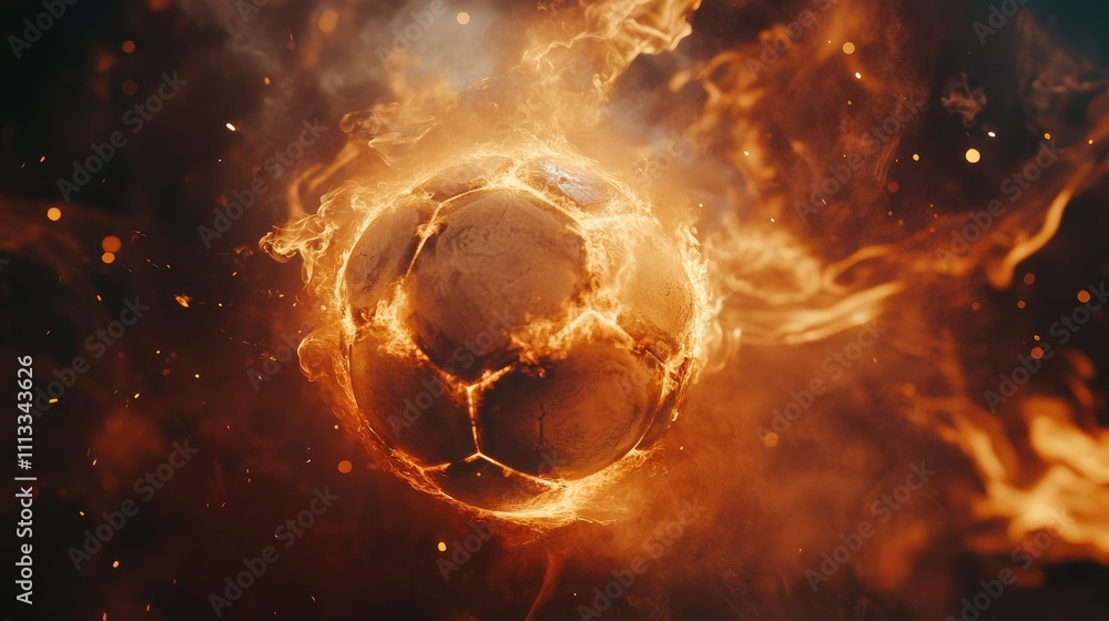 Obraz premium Flames and smoke twist and burn around a soccer ball, its glowing path leaving a fiery streak in the dim surroundings.