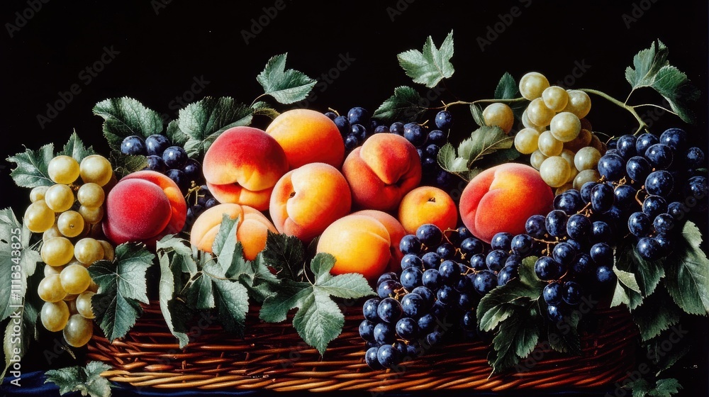 Vibrant Basket of Ripe Summer Fruits with Grapes and Peaches on a Dark Background Vibrant Basket of Ripe Summer Fruits with Grapes and Peaches on a Dark Background
