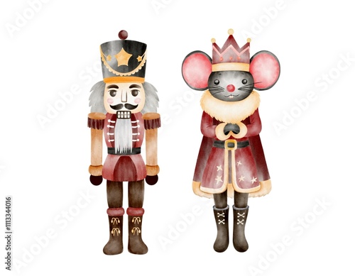 Colorful figurine of Nutcracker, mouse. Christmas nutcracker, mouse watercolor.