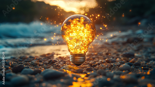 glowing light bulb shaped like a rocket launches upward symbolizing innovation creativity business growth success and forward thinking set against a vibrant gradient background photo